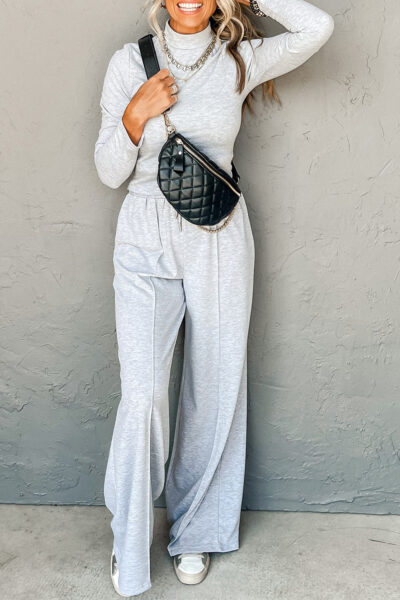 Light Grey Long Sleeve High Neck Slim Top Smocked Waist Central Seam Pants Set