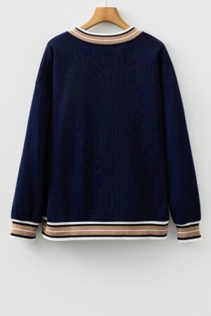 Navy Blue Varsity Contrast Striped Trim V Neck Sweatshirt - Image 6