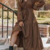 Chestnut Solid Long Sleeve Button V Neck Tiered Maxi Dress