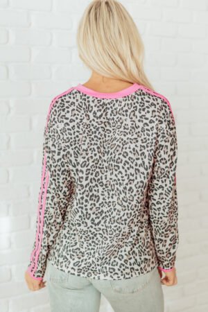 Khaki Leopard Print Contrast V Neck Varsity Stripe Detail Long Sleeve Top - Image 5