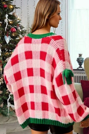 Pink Plaid Knit Bow Knot Decor Open Front Sweater Cardigan - Image 2
