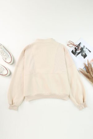 Apricot Half Zip Stand Collar Exposed Seam Solid Color Casual Sweatshirt - Image 7