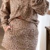 Light French Beige Leopard Print V Neck Pullover Mini Skirt 2pcs Set