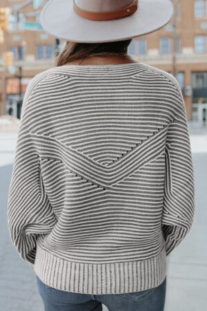 Medium Grey Striped Print Ribbed Knit Boat Neck Baggy Sweater - Image 6
