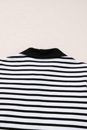 White Stripe Buttoned Front Collared Long Sleeve T Shirt Dress with Pockets - Image 6