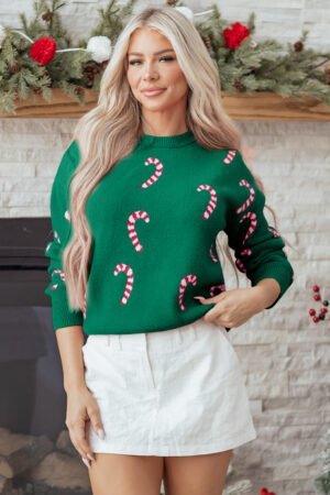 Dark Green Christmas Candy Cane Holiday Drop Shoulder Sweater - Image 6