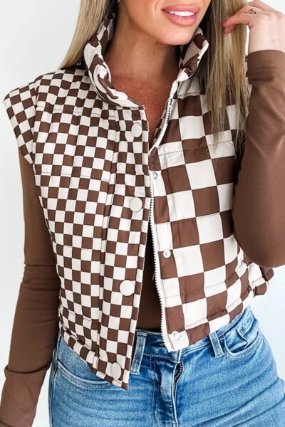 Brown Double Checked Stand Collar Cropped Puffer Vest