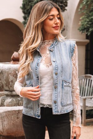 Beau Blue Scalloped Trim Patch Pocket Button Front Denim Vest - Image 14