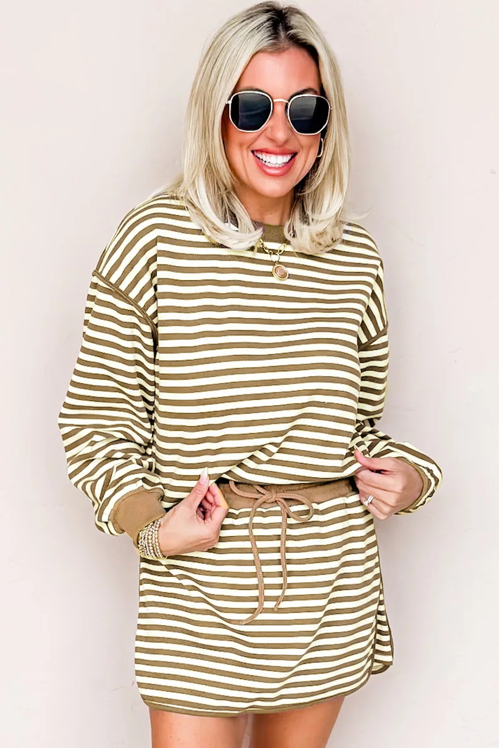 Brown Stripe Textured Drop Shoulder Pullover Top Drawstring Mini Skirt Two Piece Dress Set Brown Stripe Textured Drop Shoulder Pullover Top Drawstring Mini Skirt Two Piece Dress Set