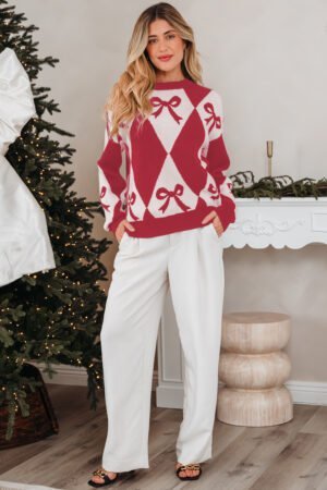 Red Bow Print 2-tone Rhombus Knit Loose Sweater - Image 7