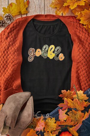 Black gobble Sequin Letter Graphic Thanksgiving T Shirt - Image 6