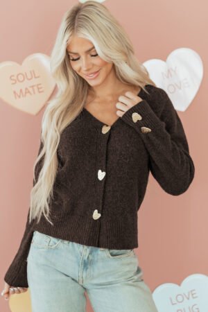 Chicory Coffee Heart Metal Button V Neck Cardigan Sweater - Image 4