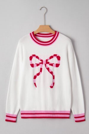 White Striped Trim Bow Graphic Round Neck Drop Shoulder Sweater - Image 3