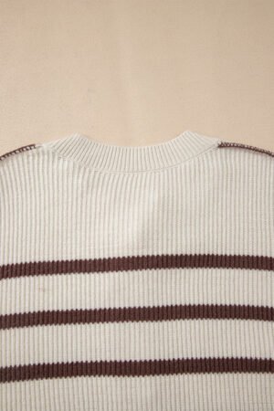 Brown Stripe Ribbed Henley Drop Shoulder Slouchy Sweater - Image 8