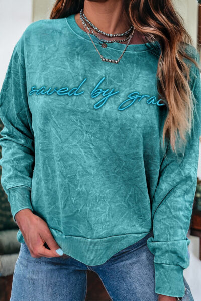 Sea Green saved by grace Letter Embroidery Mineral Wash Loose Sweatshirt