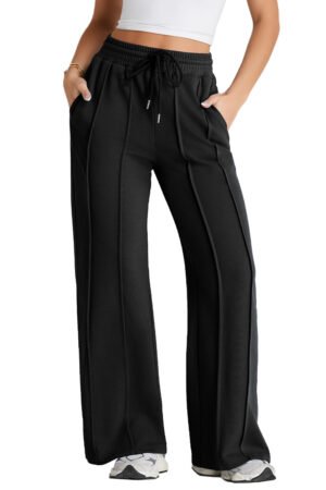 Black Seamed Drawstring High Waist Wide Leg Sweatpants - Image 7