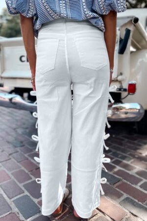 White Bow Knot Side Detail Straight Leg Loose Jeans - Image 3