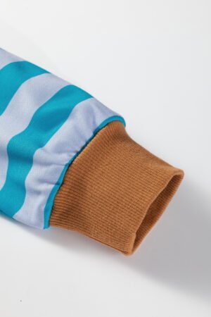 Sky Blue Stripe Contrast Color Ribbed Trim Round Neck Drop Shoulder Sweatshirt - Image 8
