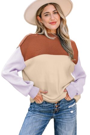 Khaki Color Block Plain Ribbed Knit Baggy Sweater - Image 9