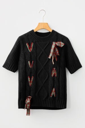 Black Plaid Lace up Detail Christmas Holiday Puff Short Sleeve Sweater - Image 5