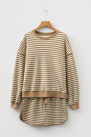 Brown Stripe Textured Drop Shoulder Pullover Top Drawstring Mini Skirt Two Piece Dress Set - Image 12