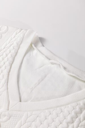 White Solid Color Textured V Neck Drop Shoulder Knit Top - Image 5