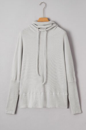 Light Grey Textured Knit Drawstring Cowl Neck Oversize Top with Side Slits - Image 4