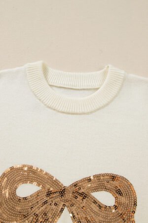 White Sequined Bow Graphic Christmas Holiday Sweater - Image 7