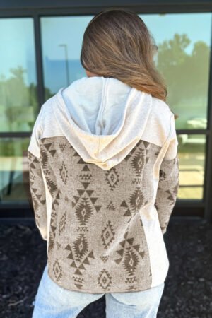 Gray Western Aztec Print Color Block Patchwork Drawstring Hooded Shacket