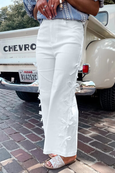 White Bow Knot Side Detail Straight Leg Loose Jeans
