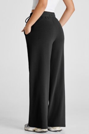 Black Seamed Drawstring High Waist Wide Leg Sweatpants - Image 2