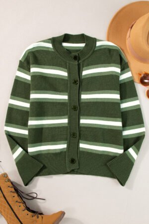 Green Stripe Drop Shoulder Buttons Cardigan Sweater - Image 4