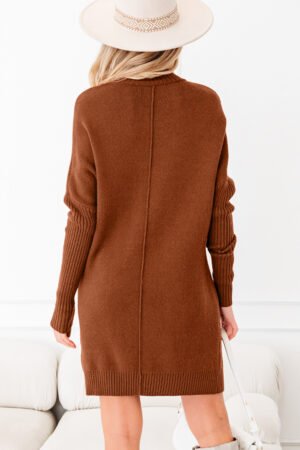 Alternative view of Chestnut Ribbed High Neck Front Pockets Center Seam Shift Sweater Dress