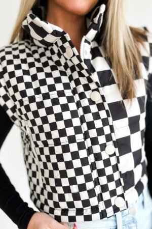Black Double Checked Stand Collar Cropped Puffer Vest - Image 3