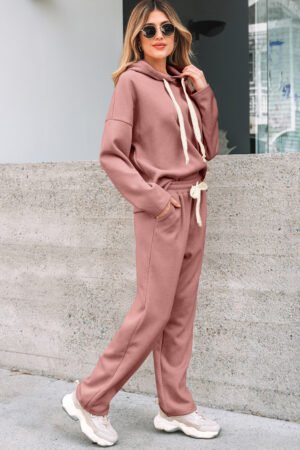 Rose Tan Lace Drawstring Pullover Hoodie and High Waist Pants Corduroy Suit - Image 6