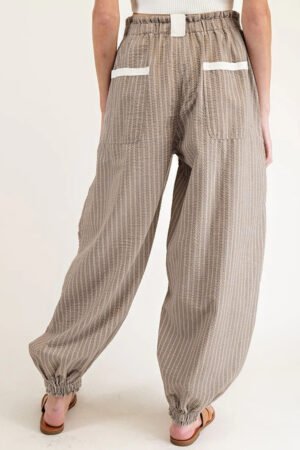 Brown Stripe Drawstring Cargo Jogger Pants with Pockets - Image 2