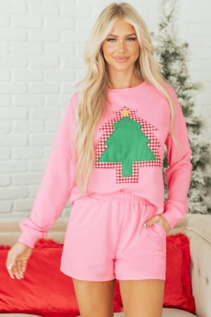 Sachet Pink Plaid Contrasted Double Christmas Tree Patched Raglan Sleeve Pullover 2pcs Short Set - Image 4