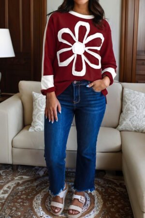 Red Dahlia Cheerful Daisy Flower Patched Round Neck Long Sleeve Top - Image 10