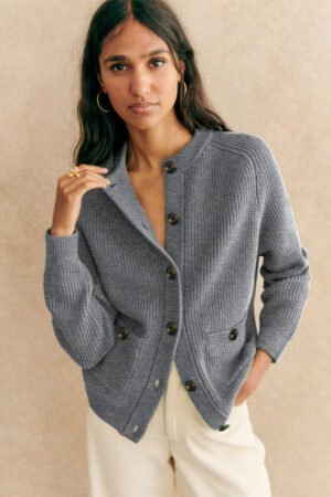 Medium Grey Chunky Buttoned Front Round Neck Cardigan Sweater - Image 6