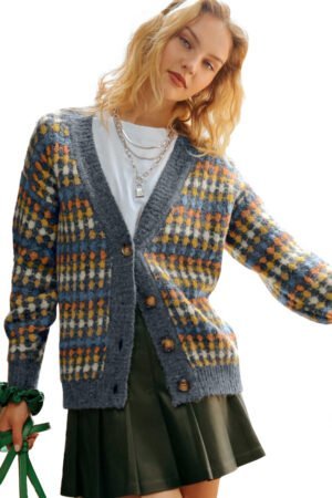 Gray Dotty Pattern Knit Button Front V Neck Sweater Cardigan - Image 11