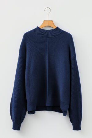 Dirty blue Solid Color Front Seam Drop Shoulder Loose Sweater - Image 4