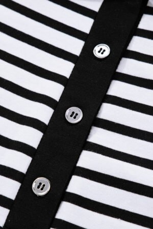 White Stripe Buttoned Front Collared Long Sleeve T Shirt Dress with Pockets - Image 7