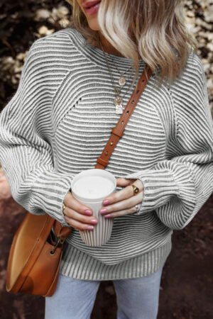 Medium Grey Striped Print Ribbed Knit Boat Neck Baggy Sweater - Image 3