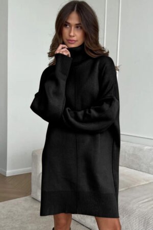Black Solid Color Turtleneck Drop Shoulder Loose Sweater Dress - Image 4