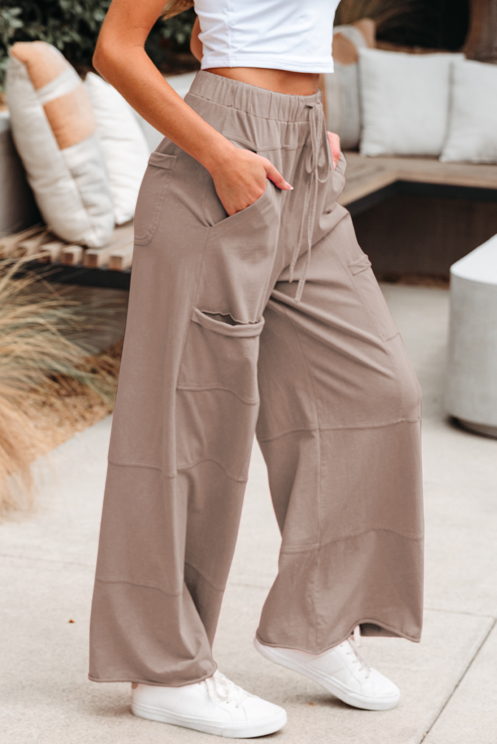 Smoke Gray Mineral Wash Exposed Seam Drawstring Elastic Waistband Wide Leg Cargo Pants Smoke Gray Mineral Wash Exposed Seam Drawstring Elastic Waistband Wide Leg Cargo Pants