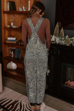 Brown Leopard Print Straight Leg Loose Denim Overall Jumpsuit - Image 2