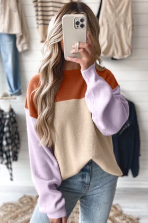 Khaki Color Block Plain Ribbed Knit Baggy Sweater - Image 2