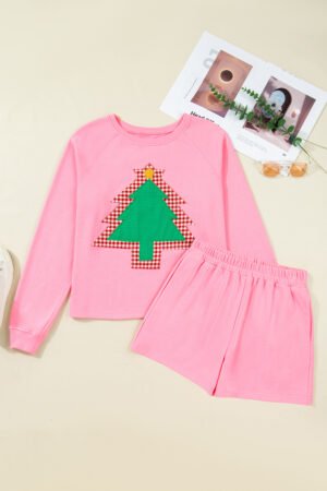 Sachet Pink Plaid Contrasted Double Christmas Tree Patched Raglan Sleeve Pullover 2pcs Short Set - Image 8