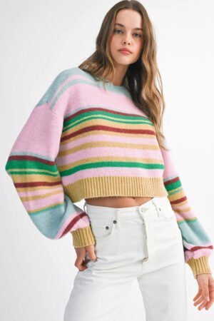 Alternative view of Multicolour Striped Knit Ribbed Trim Boxy Fit Cropped Sweater
