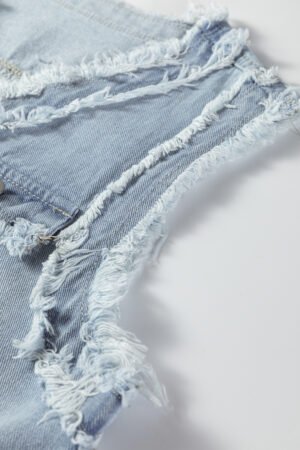 Beau Blue Frayed Edge Flap Pockets Denim Vest Jacket - Image 8